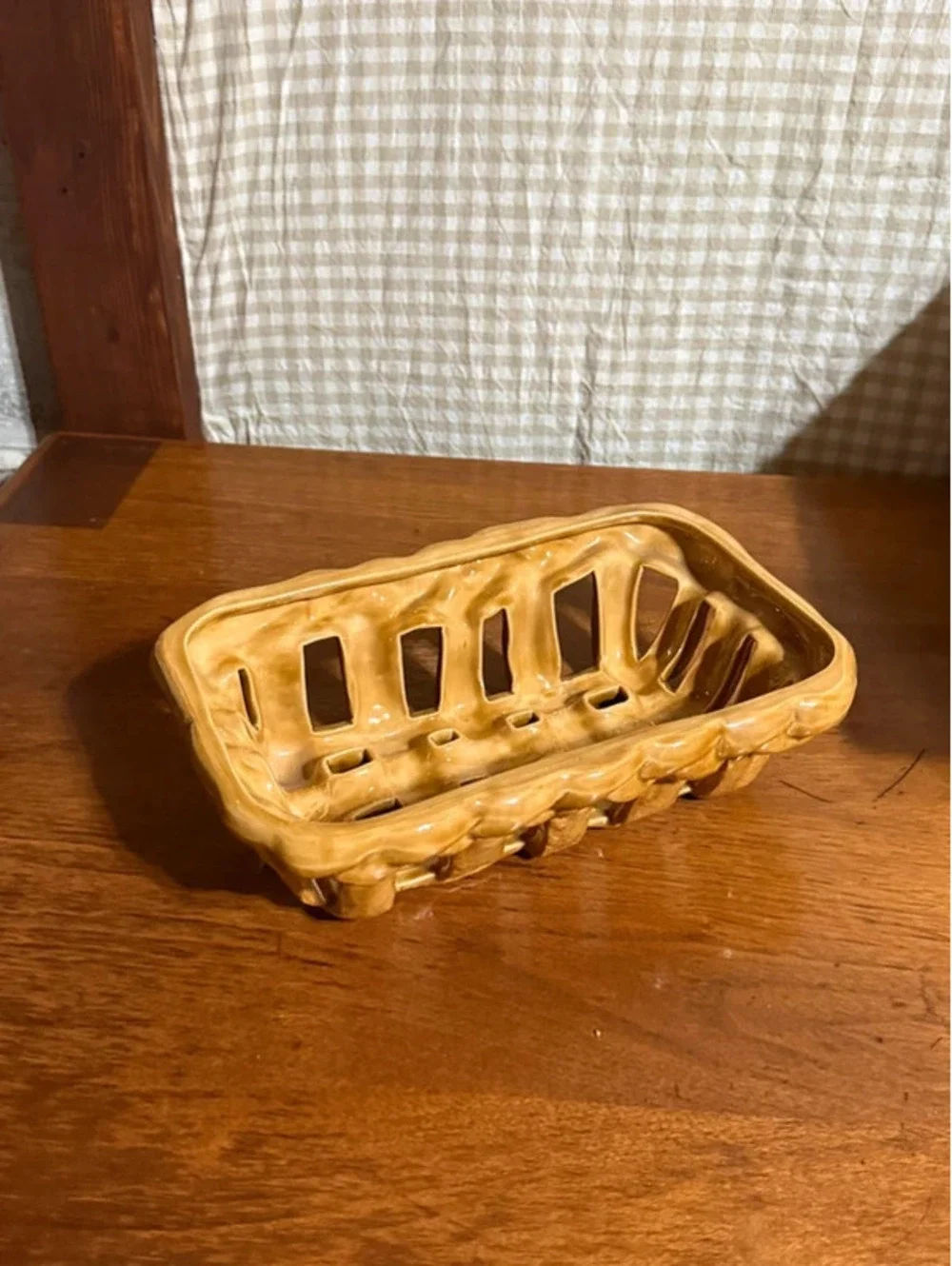 Vintage Ceramic Basket Weave Bread Basket Bowl Brown Beige Glazed Pottery